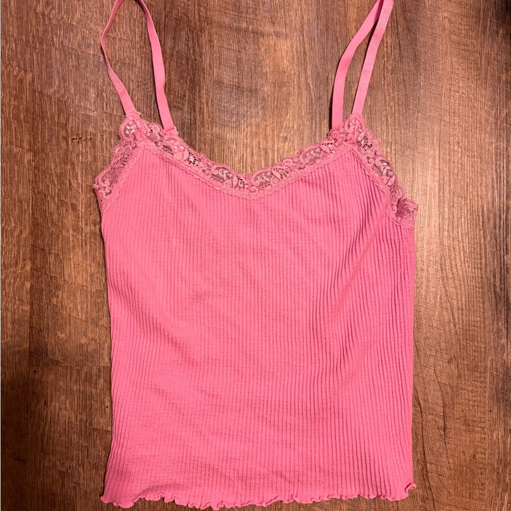 Pink Lace Trim Ribbed Cami Top